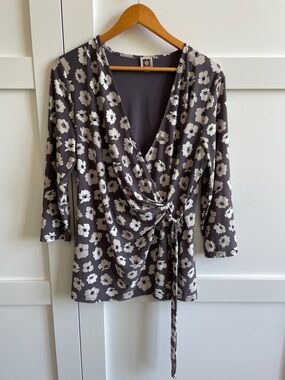 Anne Klein Taupe Floral Wrap Top with White Blossoms